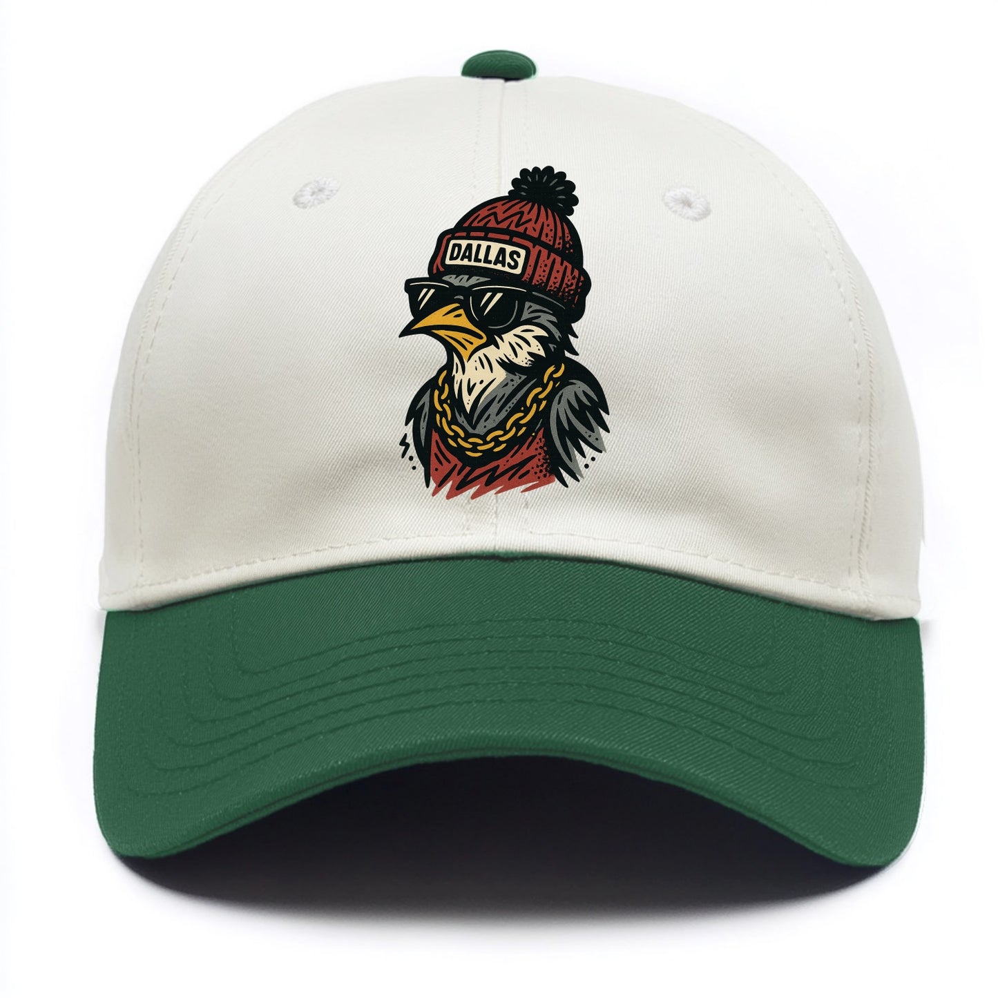 Dallas Mockingbird wearing Dallas beanie with pom pom and wayfarer sunglasses - Two Tone Cap - Green