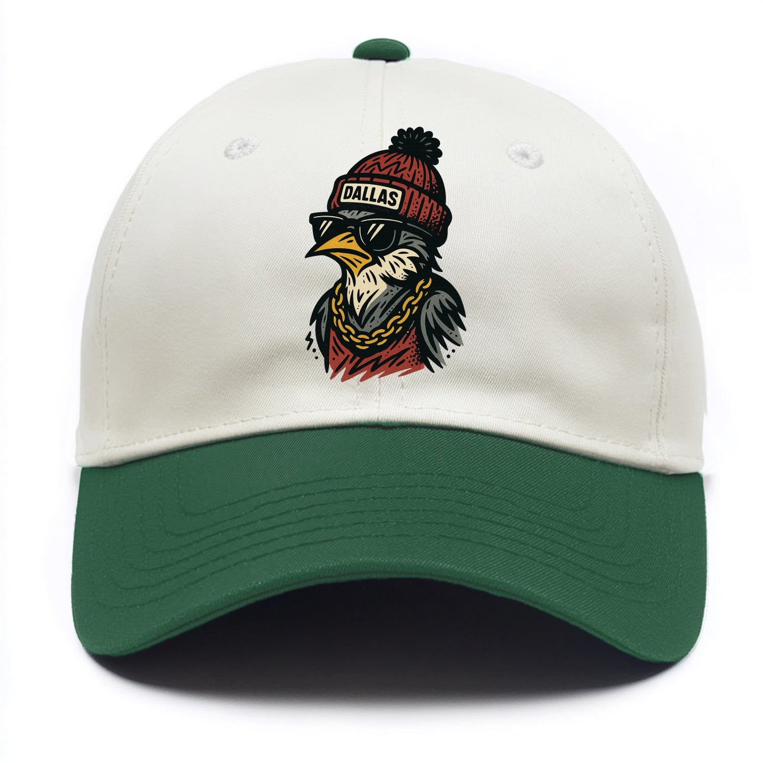 Dallas Mockingbird wearing Dallas beanie with pom pom and wayfarer sunglasses - Two Tone Cap - Green