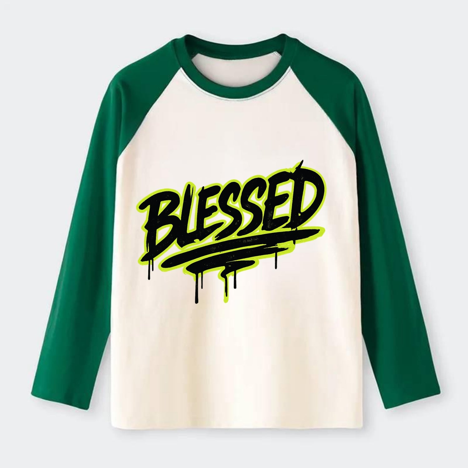 Bold typography design - "BLESSED" - recognizing good fortune, - Raglan Long Sleeve T-Shirt - Green