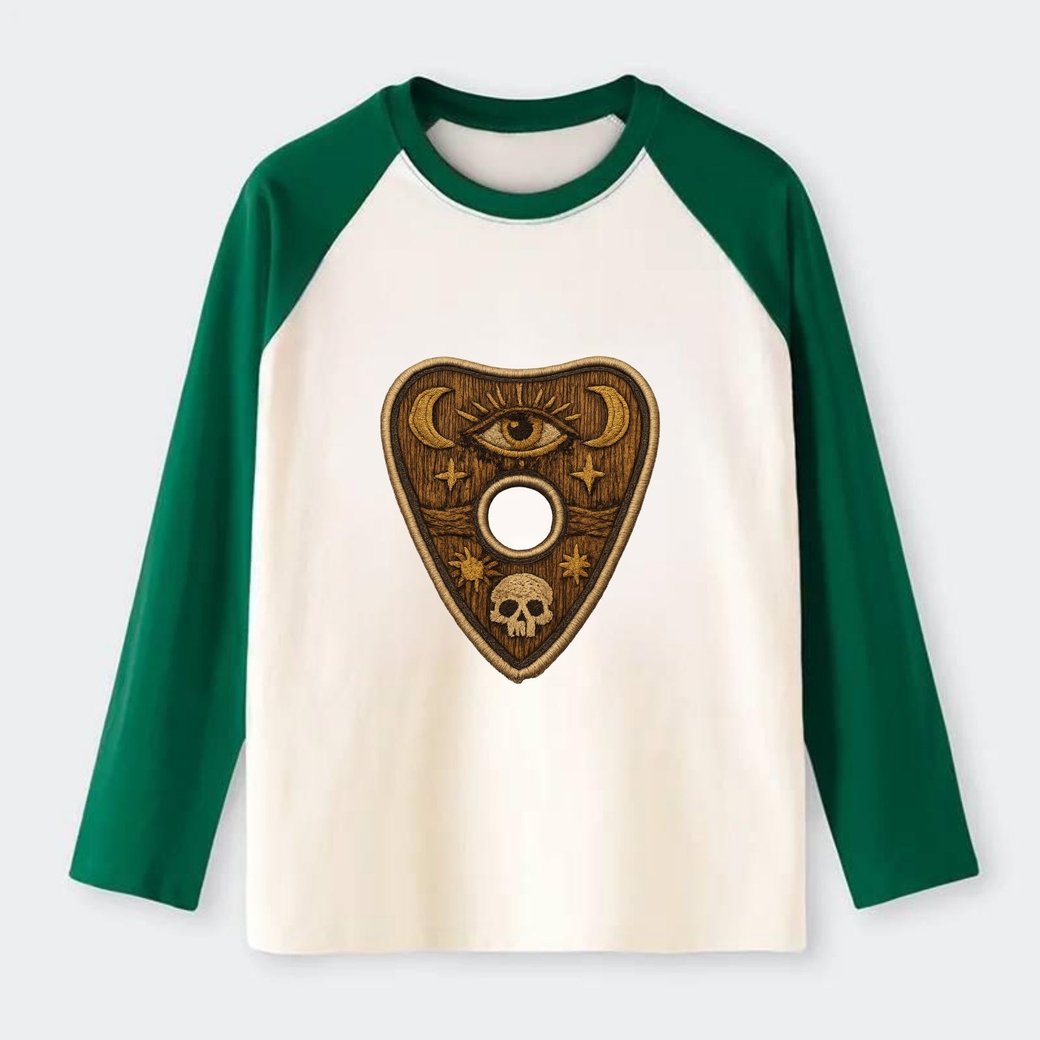 OUIJA PLANCHETTE - spirit board pointer in wood and gold , seance - Raglan Long Sleeve T-Shirt - Green