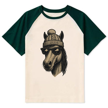 Vermont Morgan Horse wearing Burlington beanie with pom pom and wayfarer - Contrast Raglan T-shirt - Green
