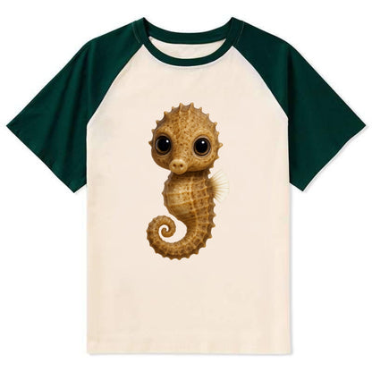 Baby Seahorse - curled tail, snout, large eyes, front-facing, delicate - Contrast Raglan T-shirt - Green