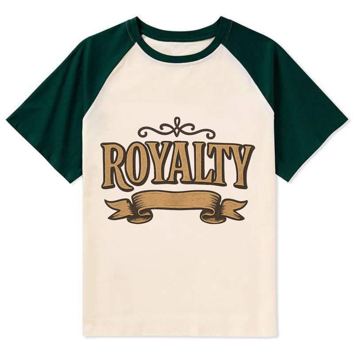 Bold typography design - "ROYALTY" - regal bearing, noble spirit - Contrast Raglan T-shirt - Green