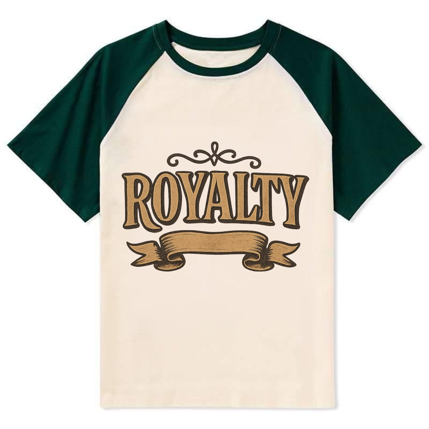 Bold typography design - "ROYALTY" - regal bearing, noble spirit - Contrast Raglan T-shirt - Green