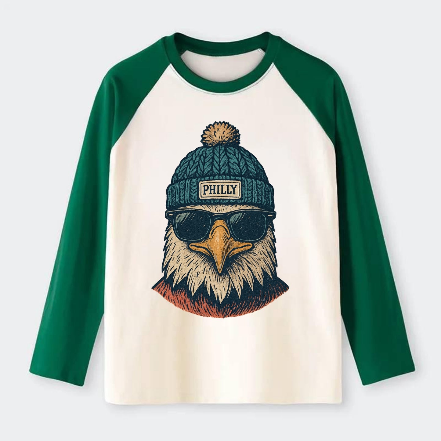 Philadelphia Eagle wearing Philly beanie with pom pom and wayfarer - Raglan Long Sleeve T-Shirt - Green