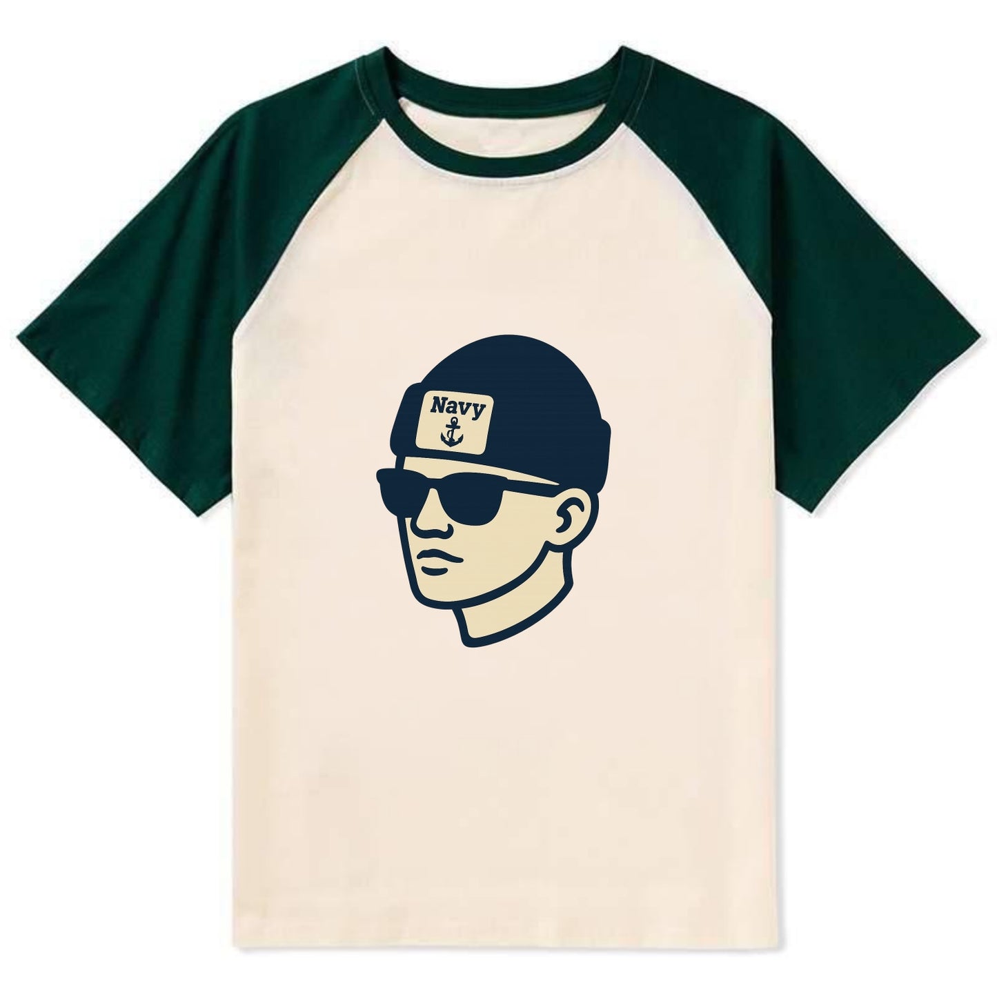 Annapolis Midshipman wearing Navy beanie with anchor patch - Contrast Raglan T-shirt - Green
