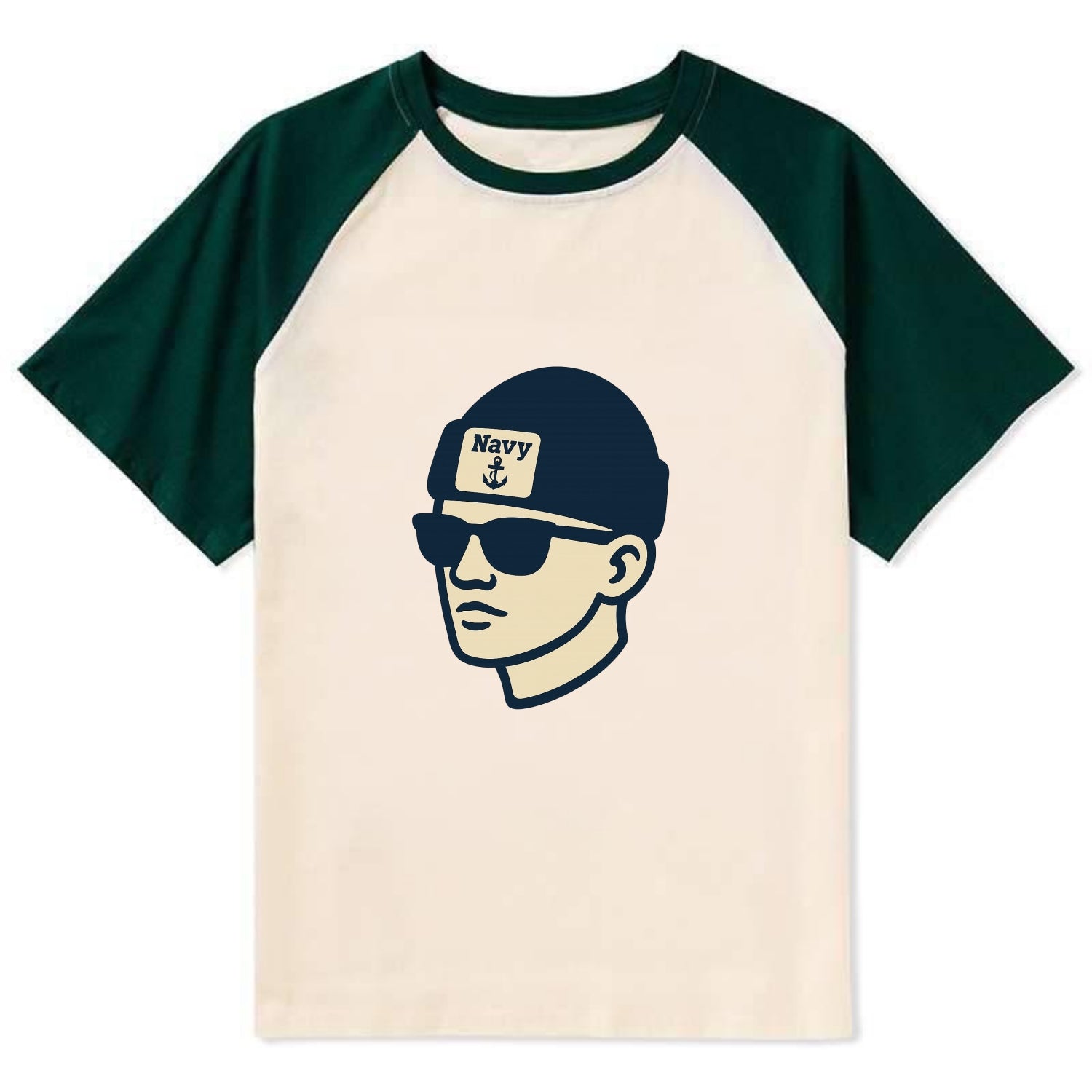 Annapolis Midshipman wearing Navy beanie with anchor patch - Contrast Raglan T-shirt - Green