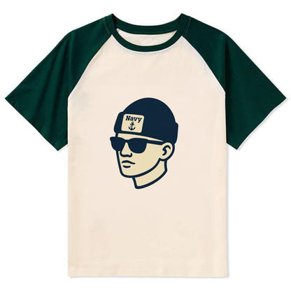 Annapolis Midshipman wearing Navy beanie with anchor patch - Contrast Raglan T-shirt - Green