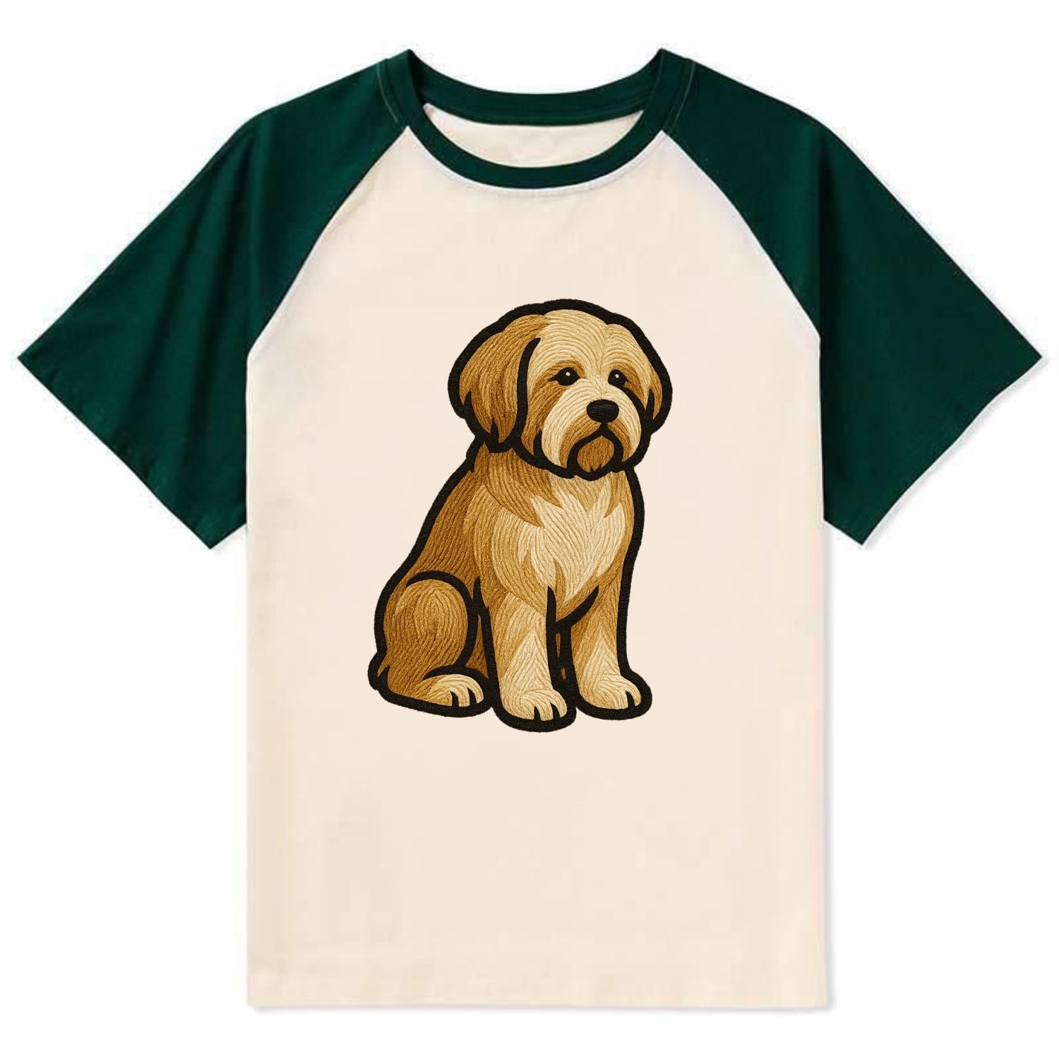 Tibetan Terrier - Gold and white embroidered sitting pose - Contrast Raglan T-shirt - Green