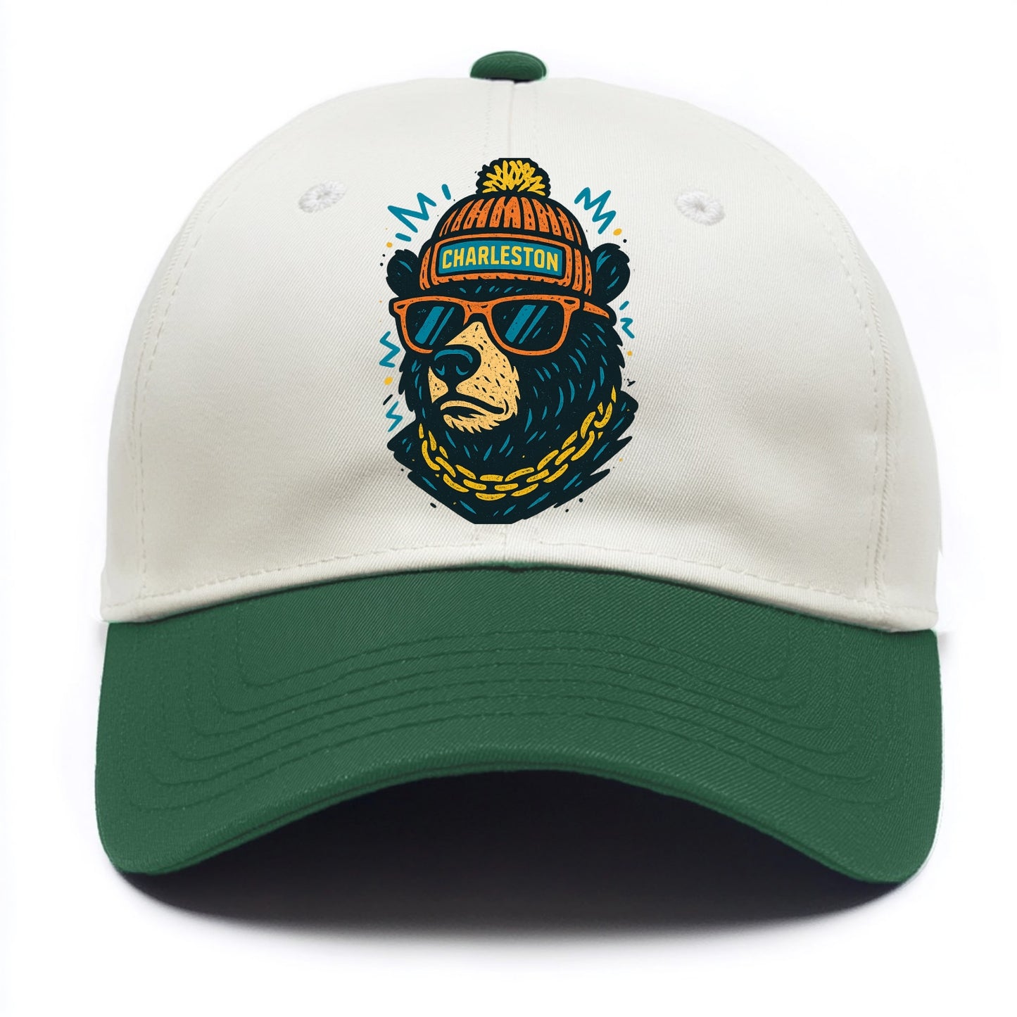 West Virginia Black Bear wearing Charleston beanie with pom pom and wayfarer - Two Tone Cap - Green