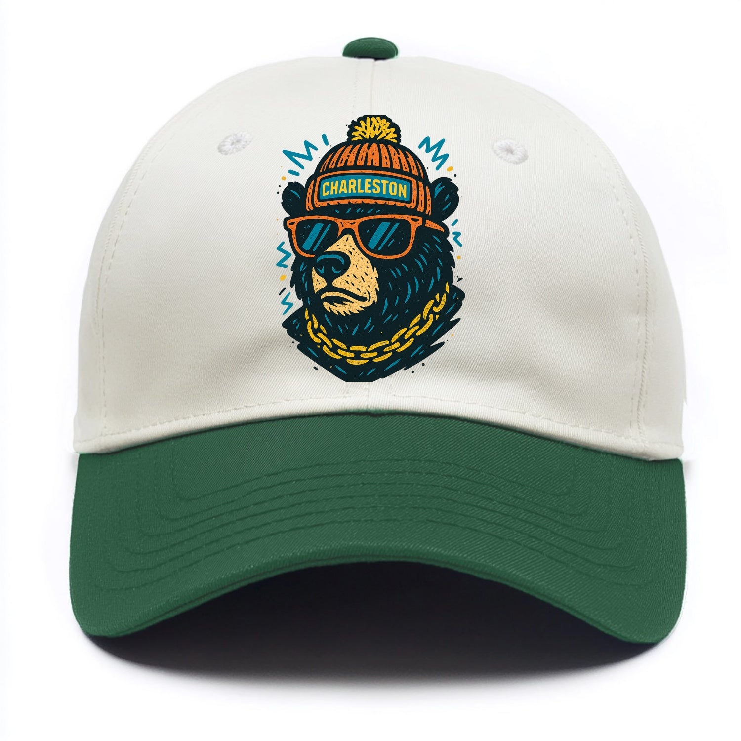West Virginia Black Bear wearing Charleston beanie with pom pom and wayfarer - Two Tone Cap - Green