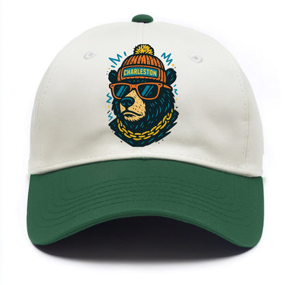West Virginia Black Bear wearing Charleston beanie with pom pom and wayfarer - Two Tone Cap - Green
