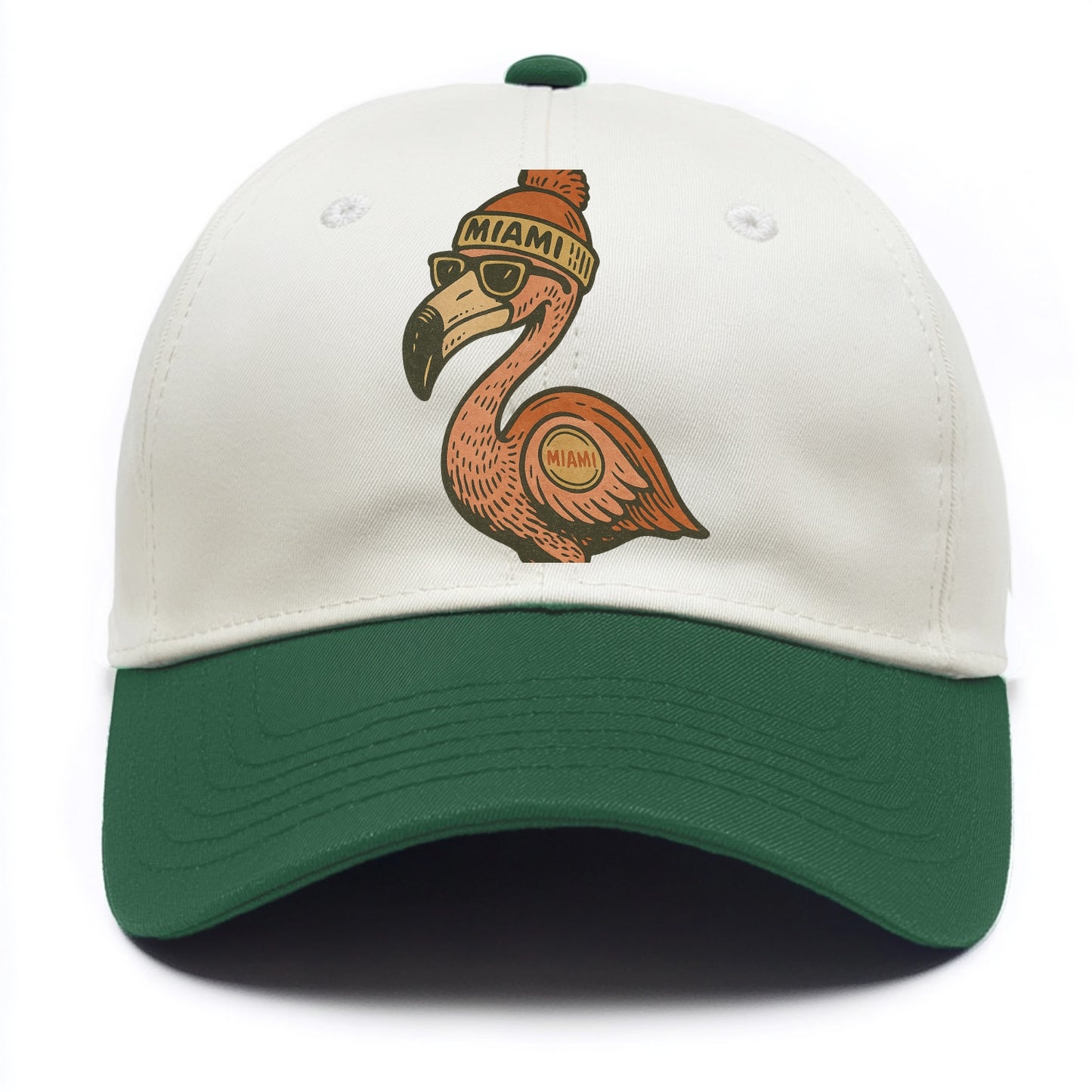 Miami Flamingo wearing Miami beanie with pom pom and wayfarer sunglasses - Two Tone Cap - Green