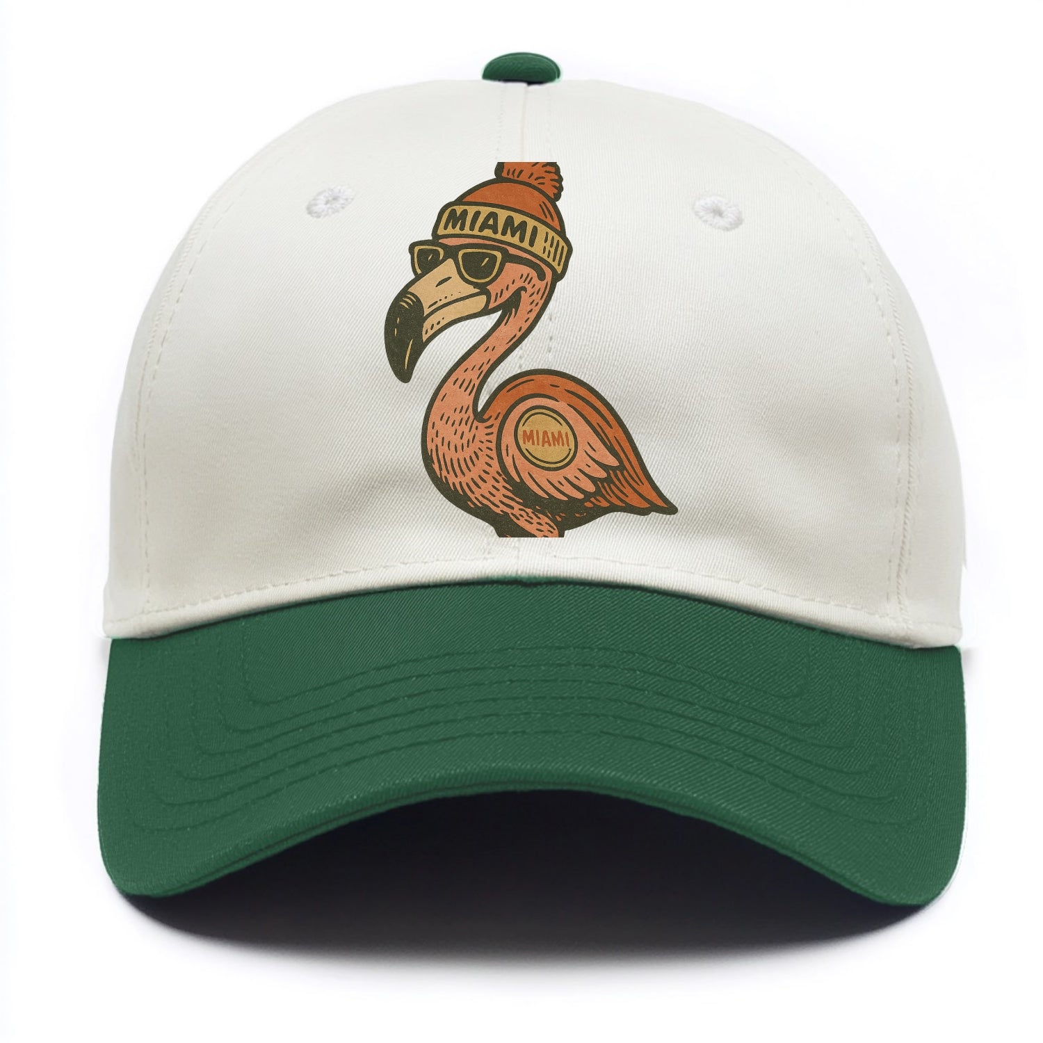 Miami Flamingo wearing Miami beanie with pom pom and wayfarer sunglasses - Two Tone Cap - Green