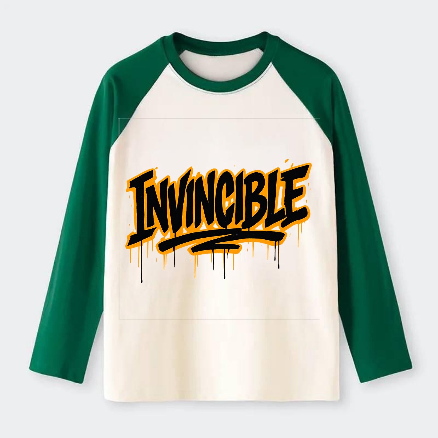 Bold typography design - "INVINCIBLE" - cannot be defeated, - Raglan Long Sleeve T-Shirt - Green