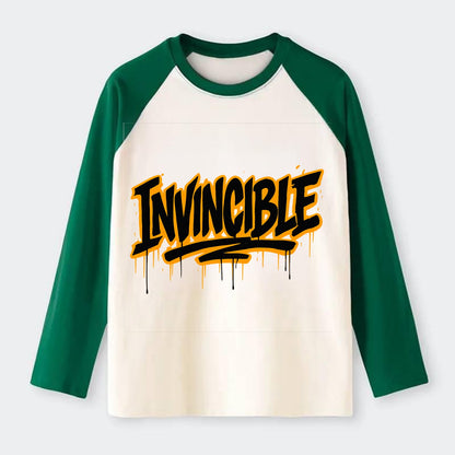 Bold typography design - "INVINCIBLE" - cannot be defeated, - Raglan Long Sleeve T-Shirt - Green