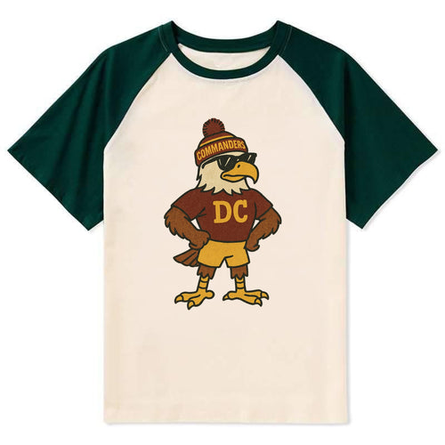 DC Eagle wearing Commanders burgundy and gold beanie with pom pom and - Contrast Raglan T-shirt