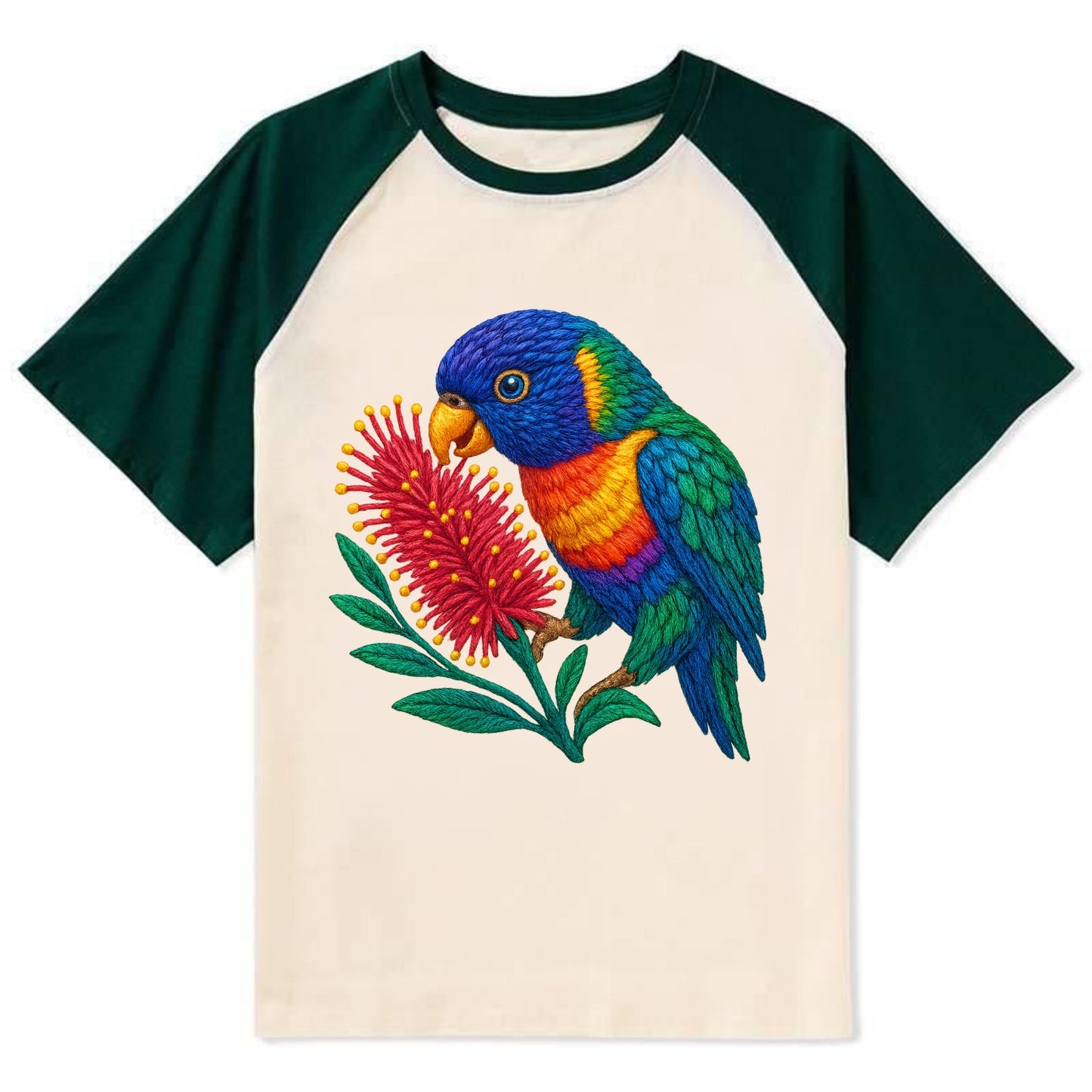 Rainbow Lorikeet Bottlebrush - Contrast Raglan T-shirt - Green