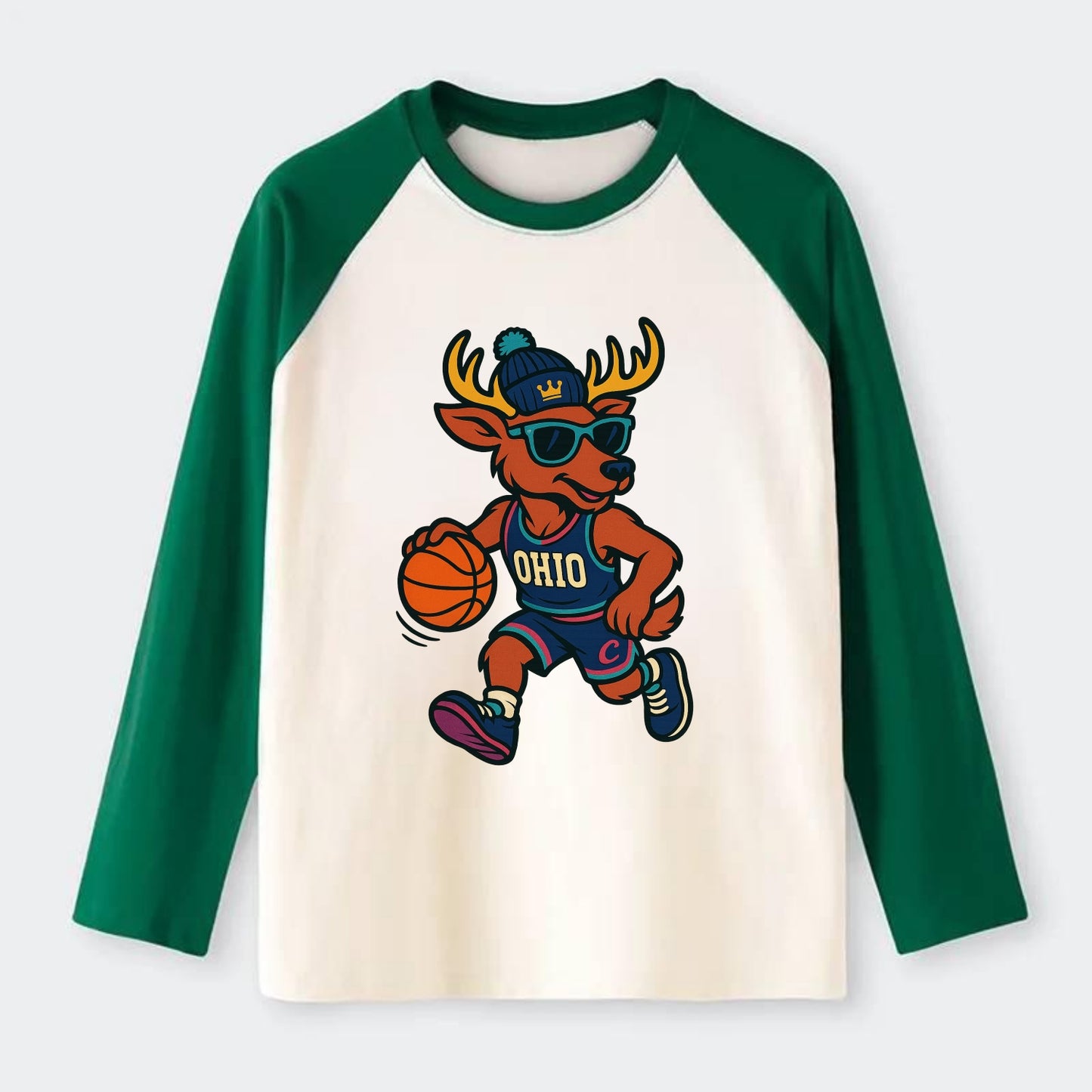 Ohio Deer wearing Cavs beanie with crown patch and wayfarer sunglasses - Raglan Long Sleeve T-Shirt - Green