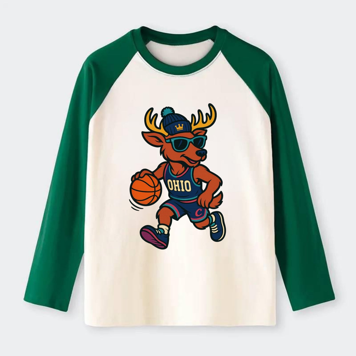 Ohio Deer wearing Cavs beanie with crown patch and wayfarer sunglasses - Raglan Long Sleeve T-Shirt - Green