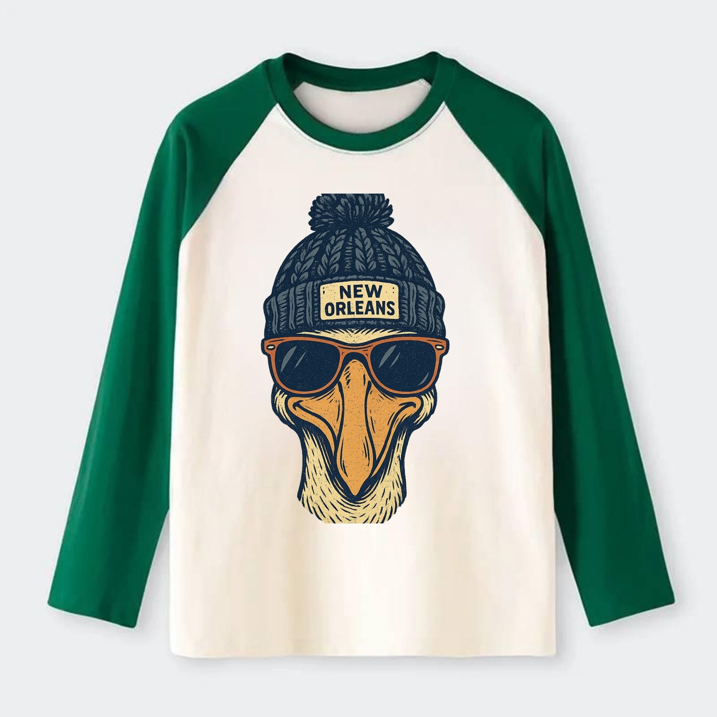 New Orleans Pelican wearing New Orleans beanie with pom pom and - Raglan Long Sleeve T-Shirt - Green