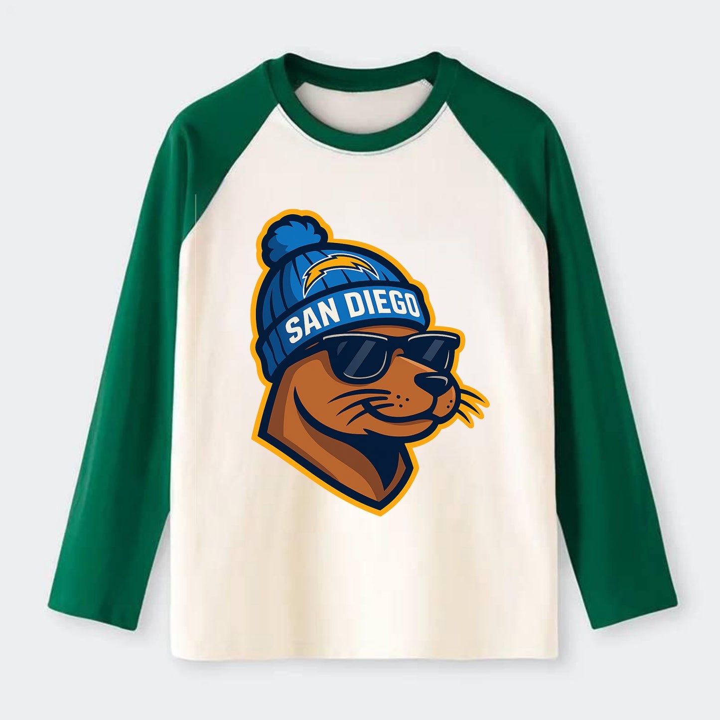 San Diego Sea Lion wearing Chargers beanie with bolt patch and - Raglan Long Sleeve T-Shirt - Green