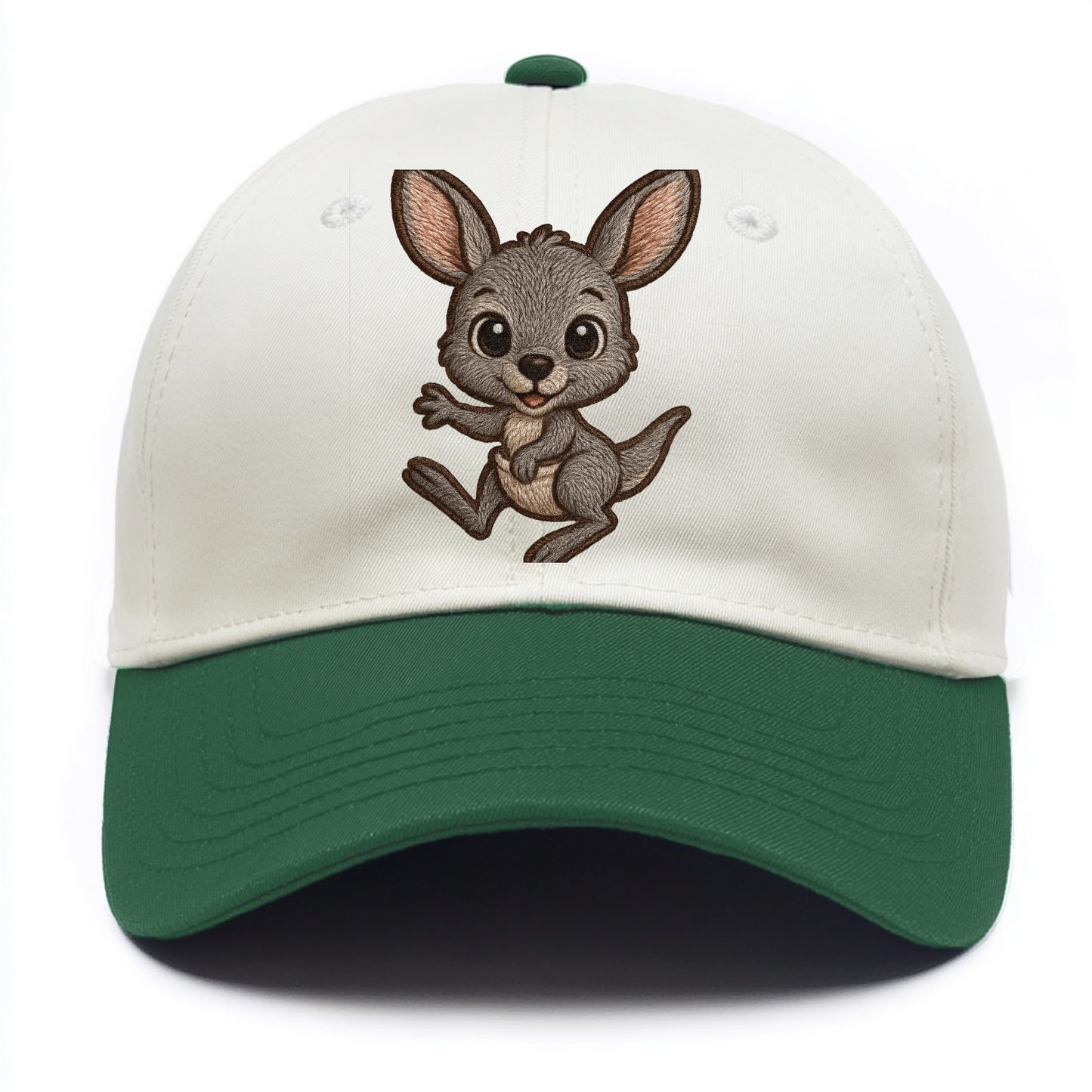Baby Kangaroo Joey - gray fur, large ears, in pouch peek, bright eyes, front-facing, - Two Tone Cap - Green