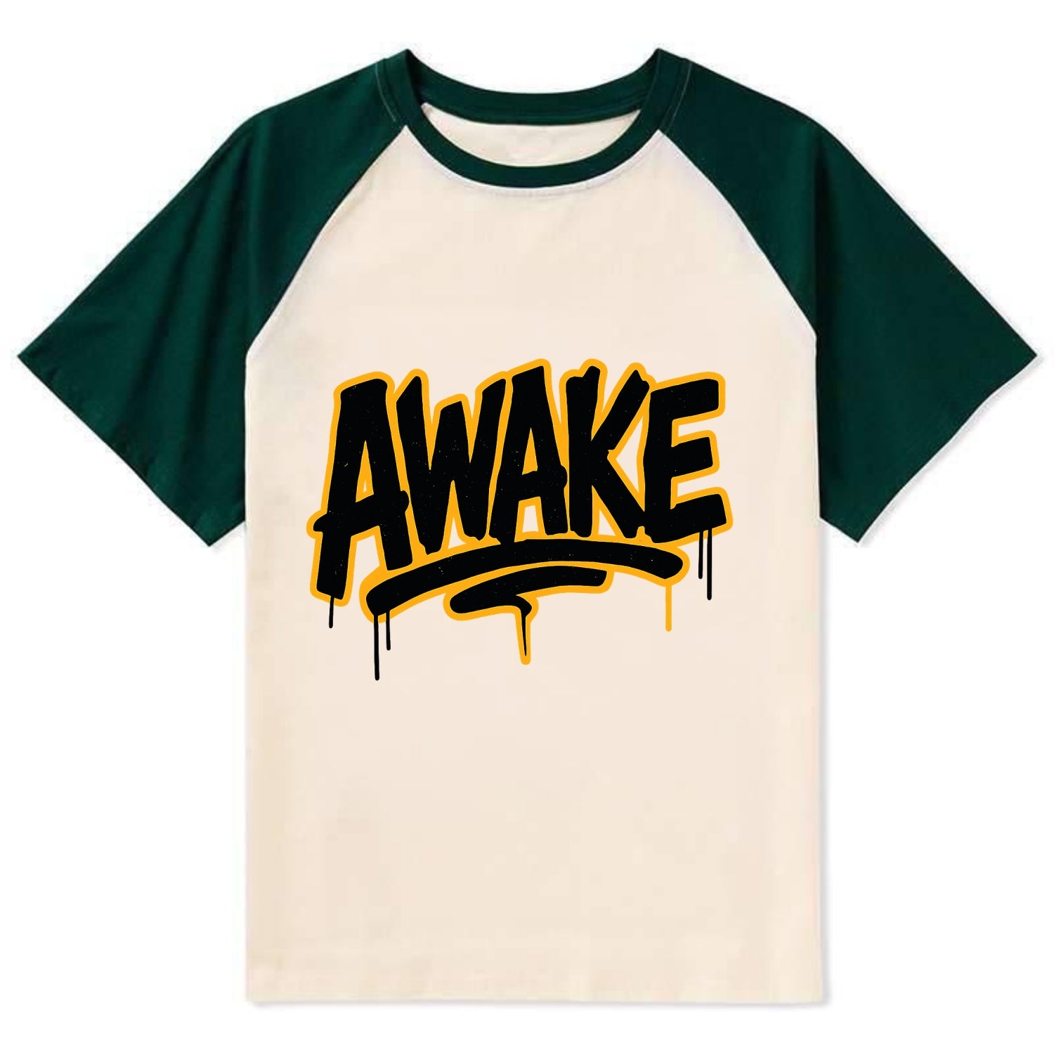 Bold typography design - "AWAKE" - conscious, aware, alert - Contrast Raglan T-shirt - Green