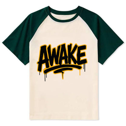 Bold typography design - "AWAKE" - conscious, aware, alert - Contrast Raglan T-shirt - Green
