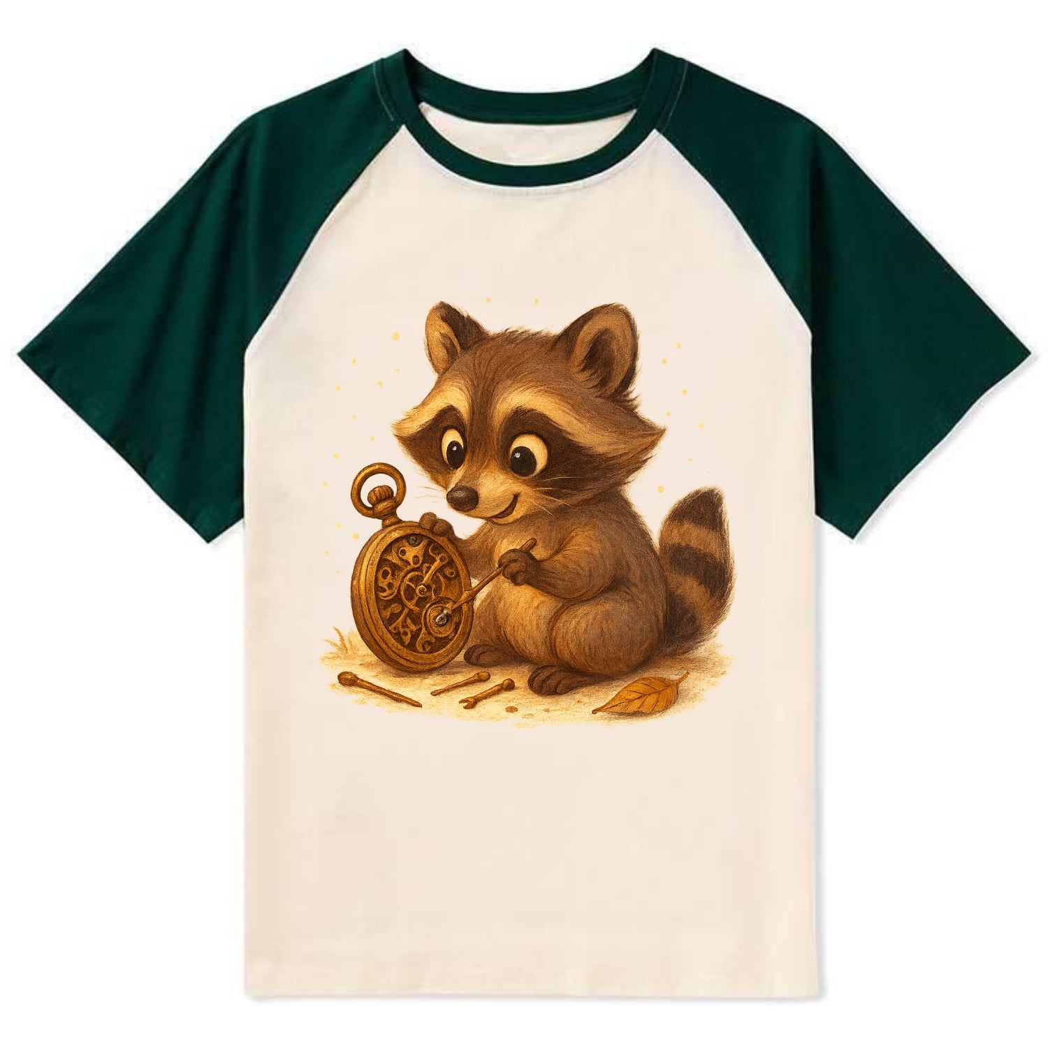 Raccoon tinkering with a steampunk pocket watch using tiny brass tools - Contrast Raglan T-shirt - Green