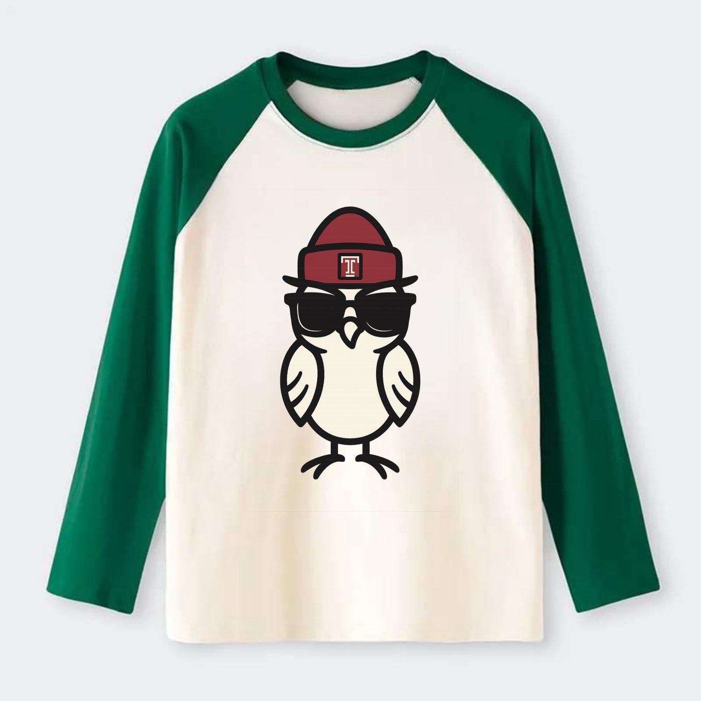 Philadelphia Owl wearing Temple beanie with T patch - Raglan Long Sleeve T-Shirt - Green