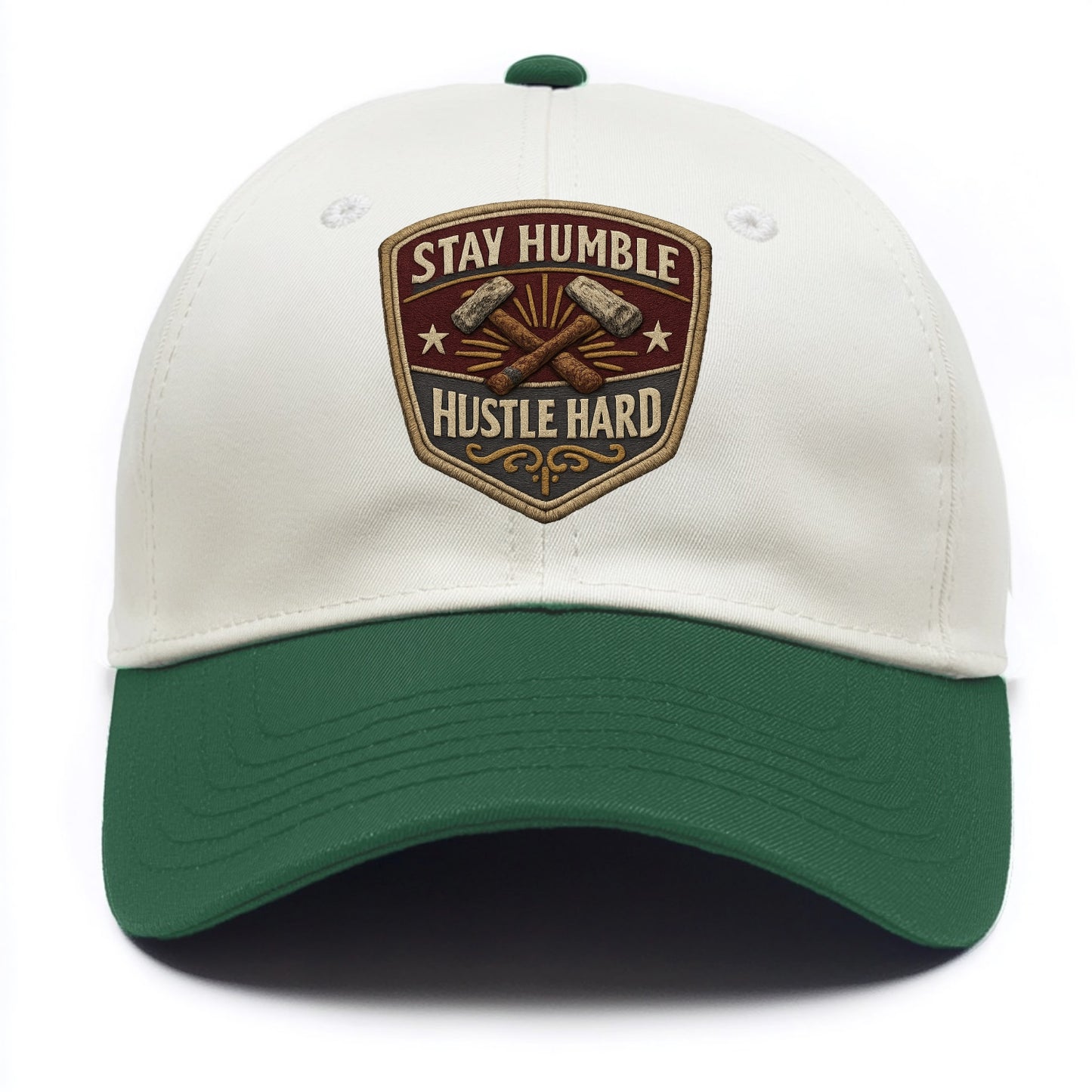 STAY HUMBLE HUSTLE HARD - text in silver , work ethic - Two Tone Cap - Green