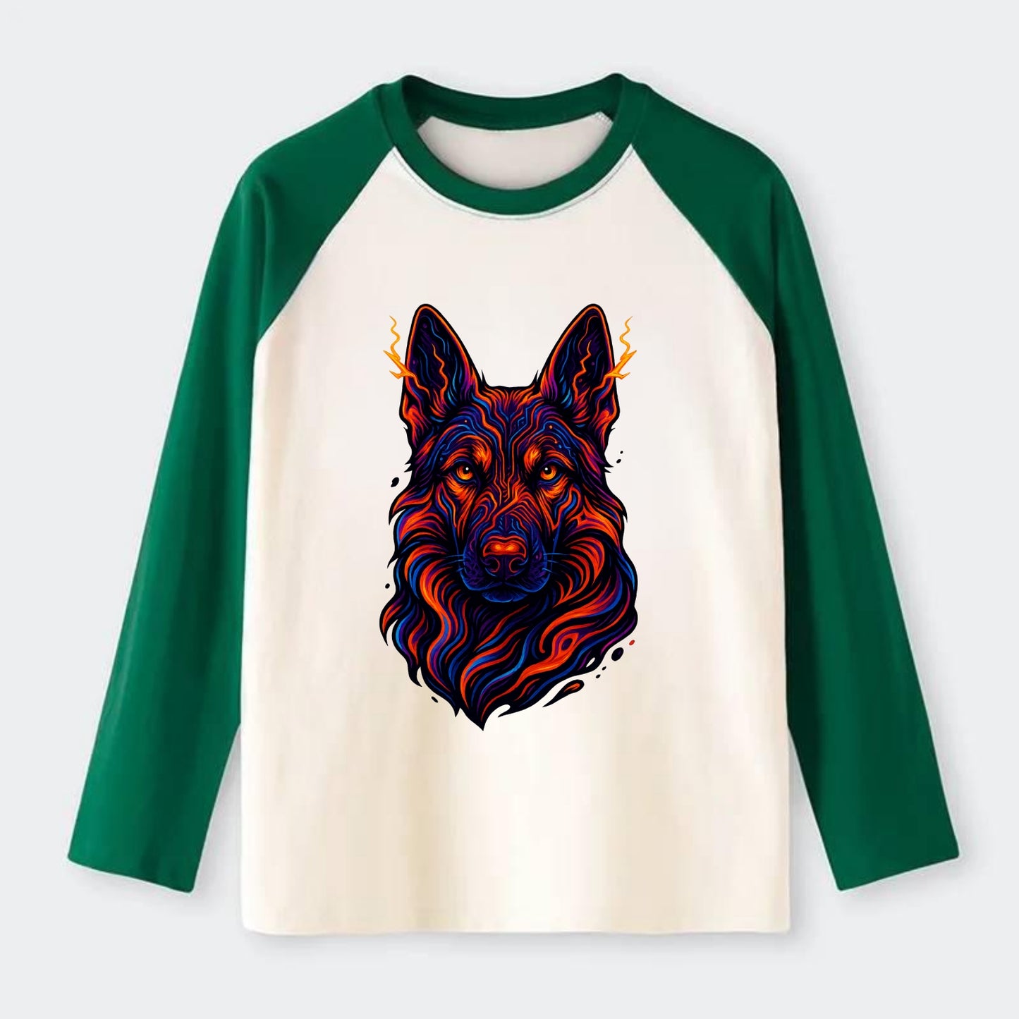 Alert German Shepherd with cyber circuit patterns in the fur, neon - Raglan Long Sleeve T-Shirt - Green
