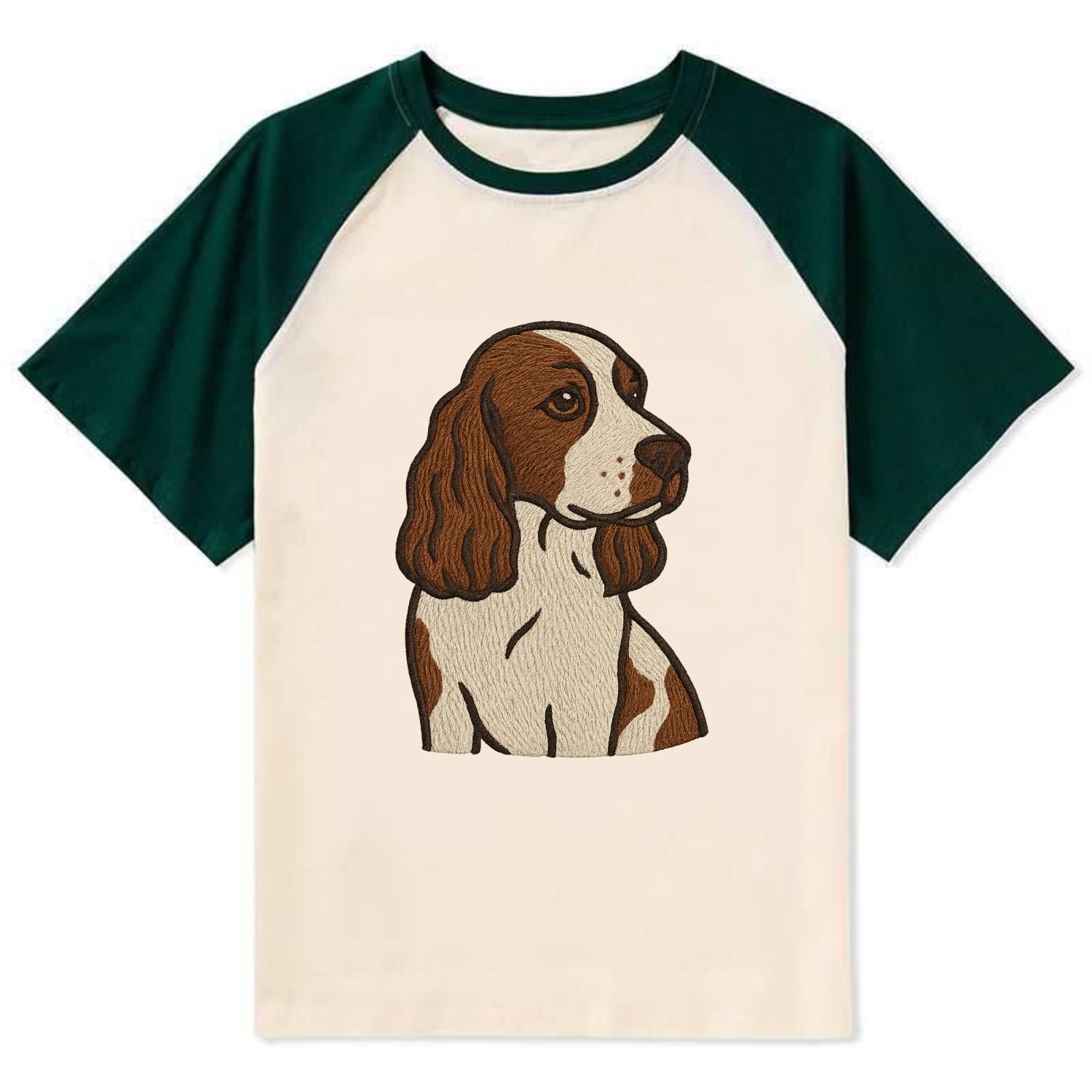English Cocker Spaniel - Liver and white embroidered design - Contrast Raglan T-shirt - Green