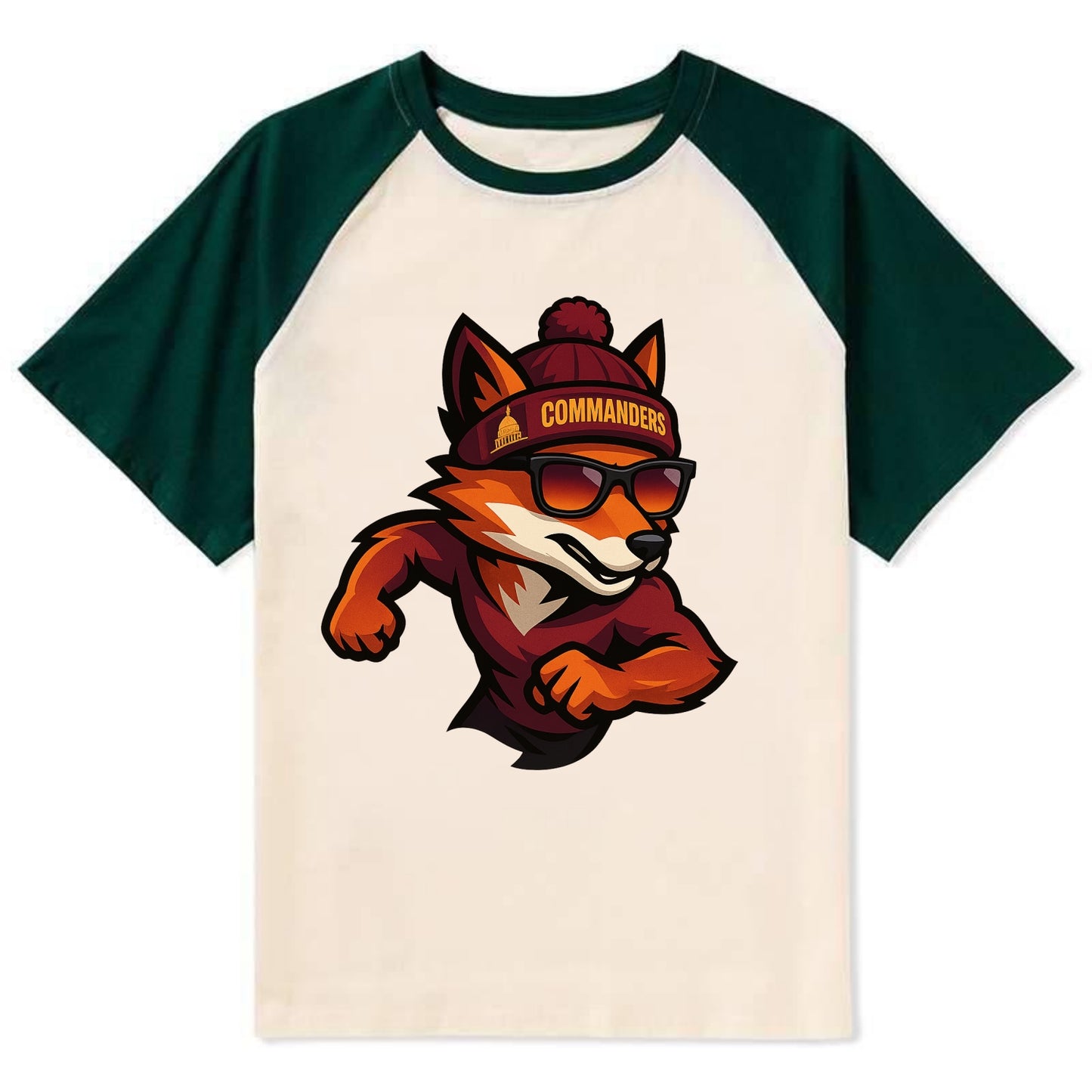 Washington Fox wearing Commanders beanie with Capitol patch and wayfarer - Contrast Raglan T-shirt - Green