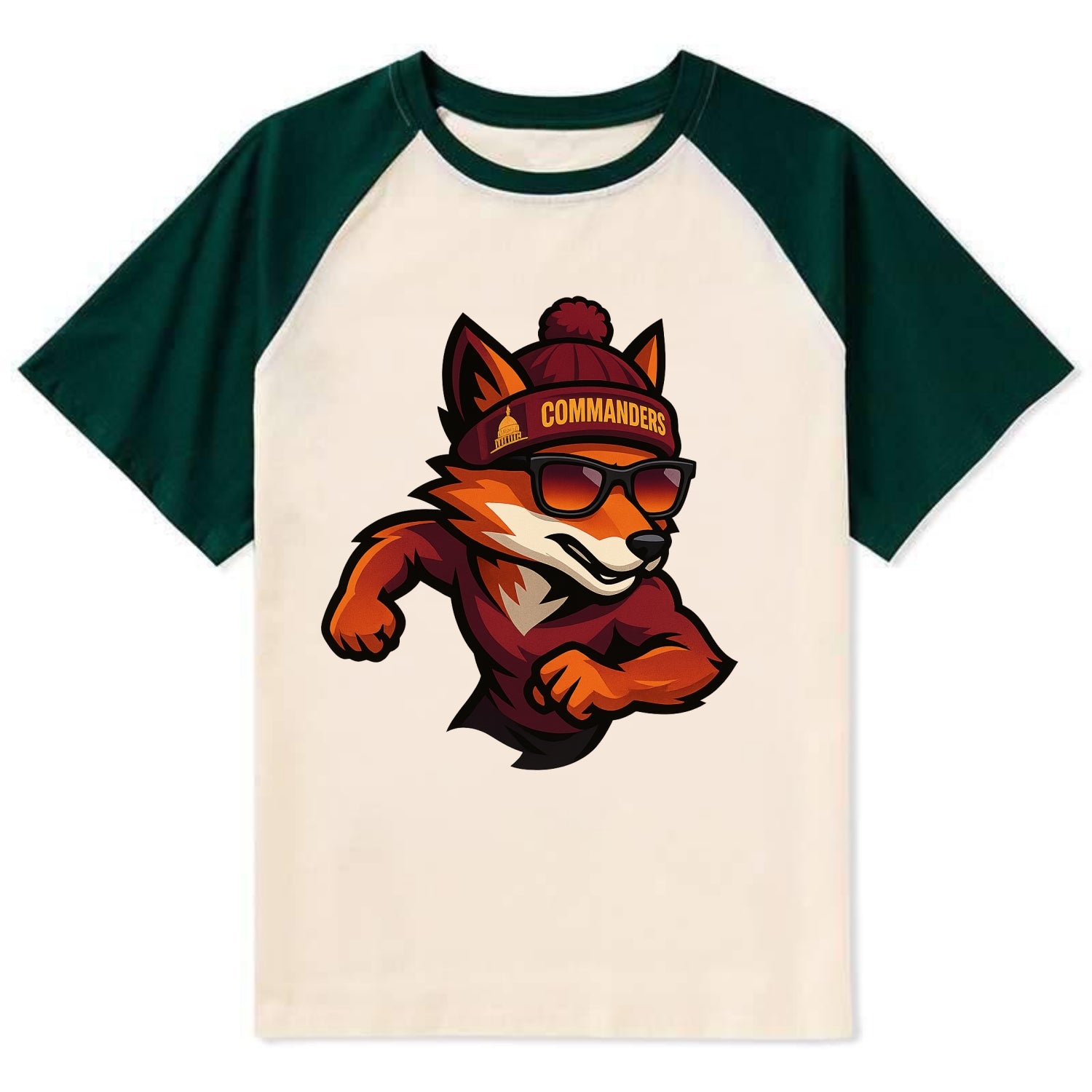 Washington Fox wearing Commanders beanie with Capitol patch and wayfarer - Contrast Raglan T-shirt - Green
