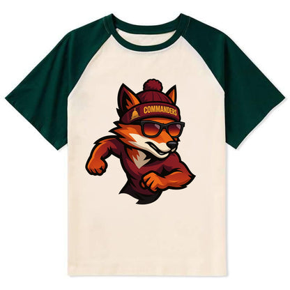 Washington Fox wearing Commanders beanie with Capitol patch and wayfarer - Contrast Raglan T-shirt - Green