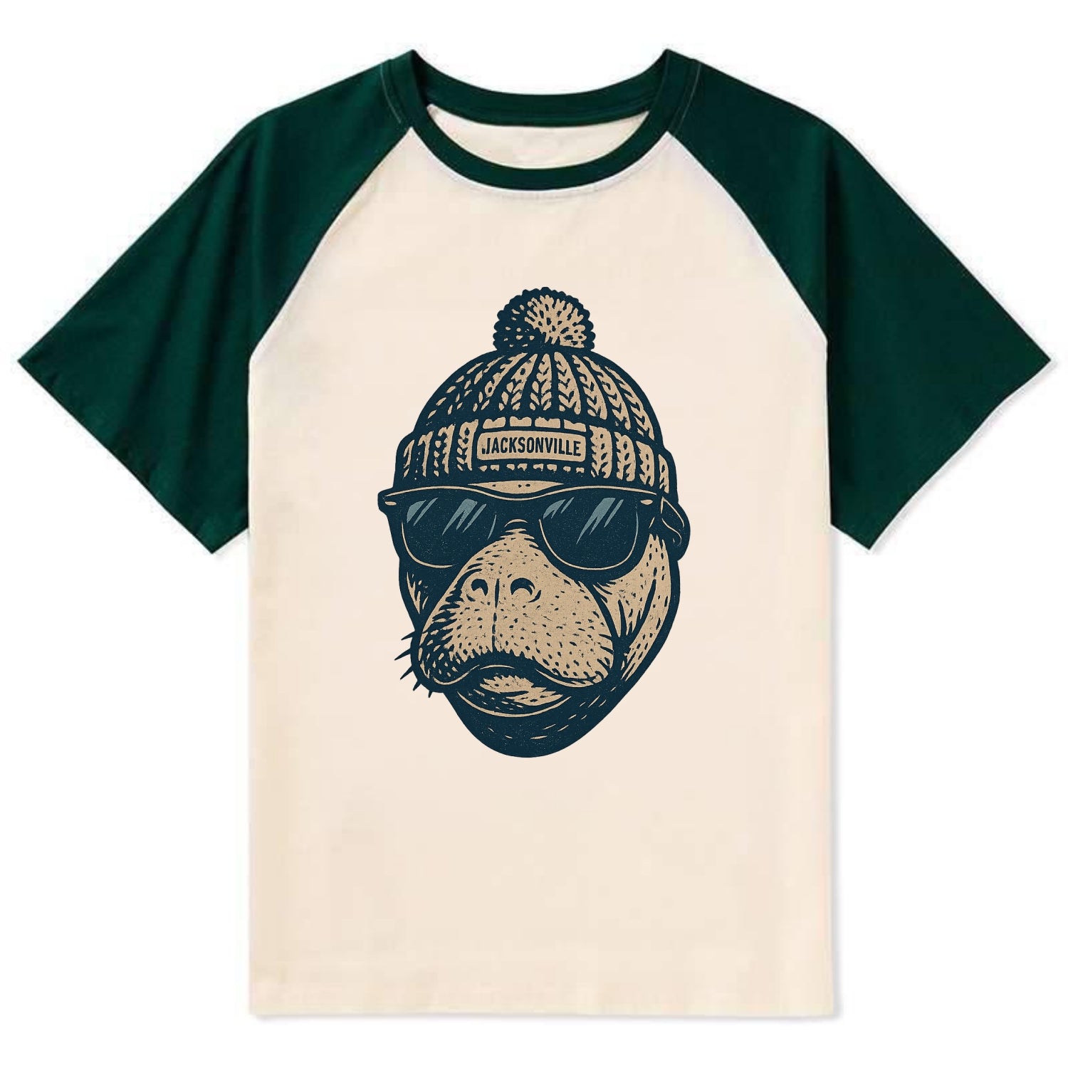 Jacksonville Manatee wearing Jacksonville beanie with pom pom and - Contrast Raglan T-shirt - Green