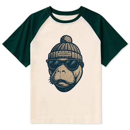 Jacksonville Manatee wearing Jacksonville beanie with pom pom and - Contrast Raglan T-shirt - Green