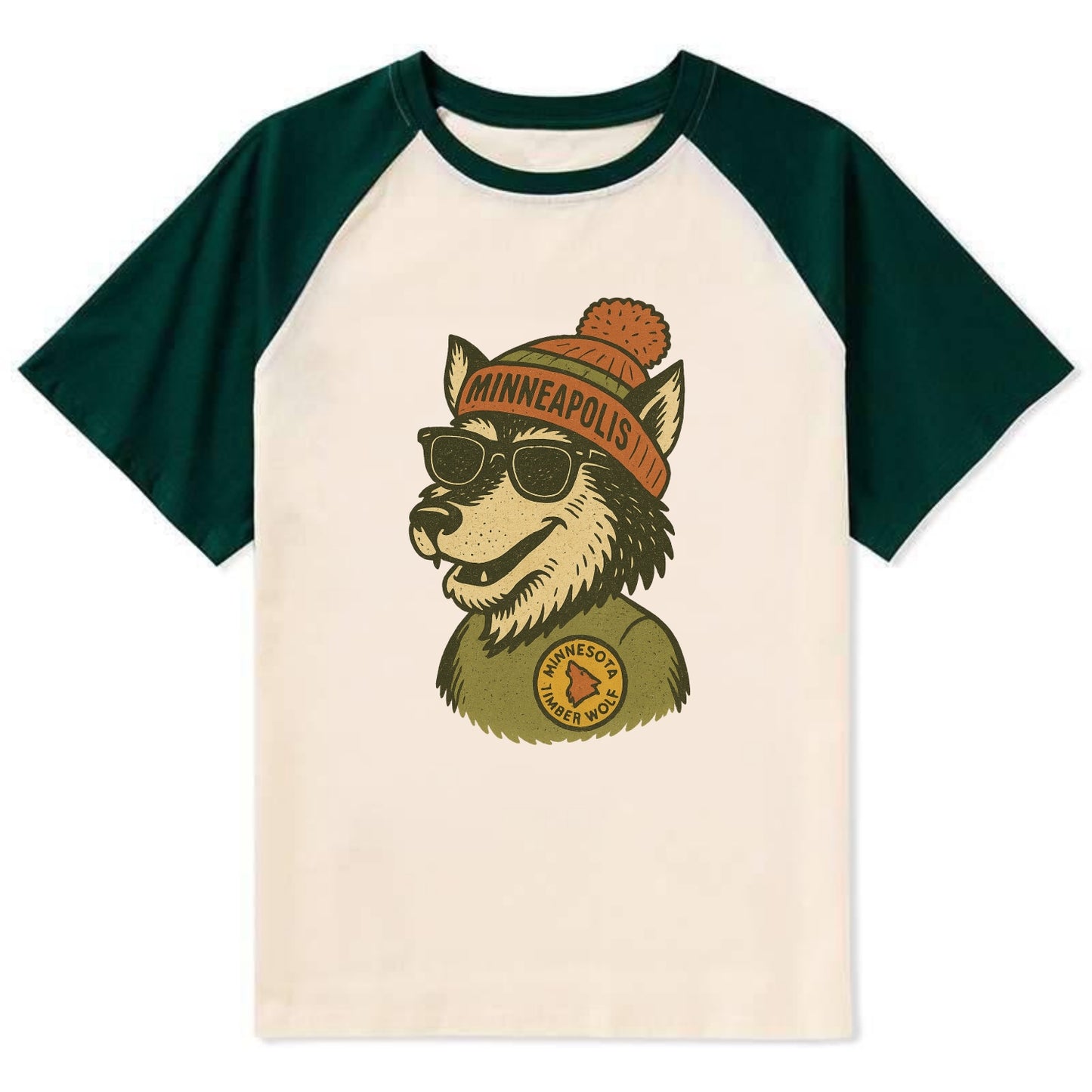 Minnesota Timber Wolf wearing Minneapolis beanie with pom pom and - Contrast Raglan T-shirt - Green