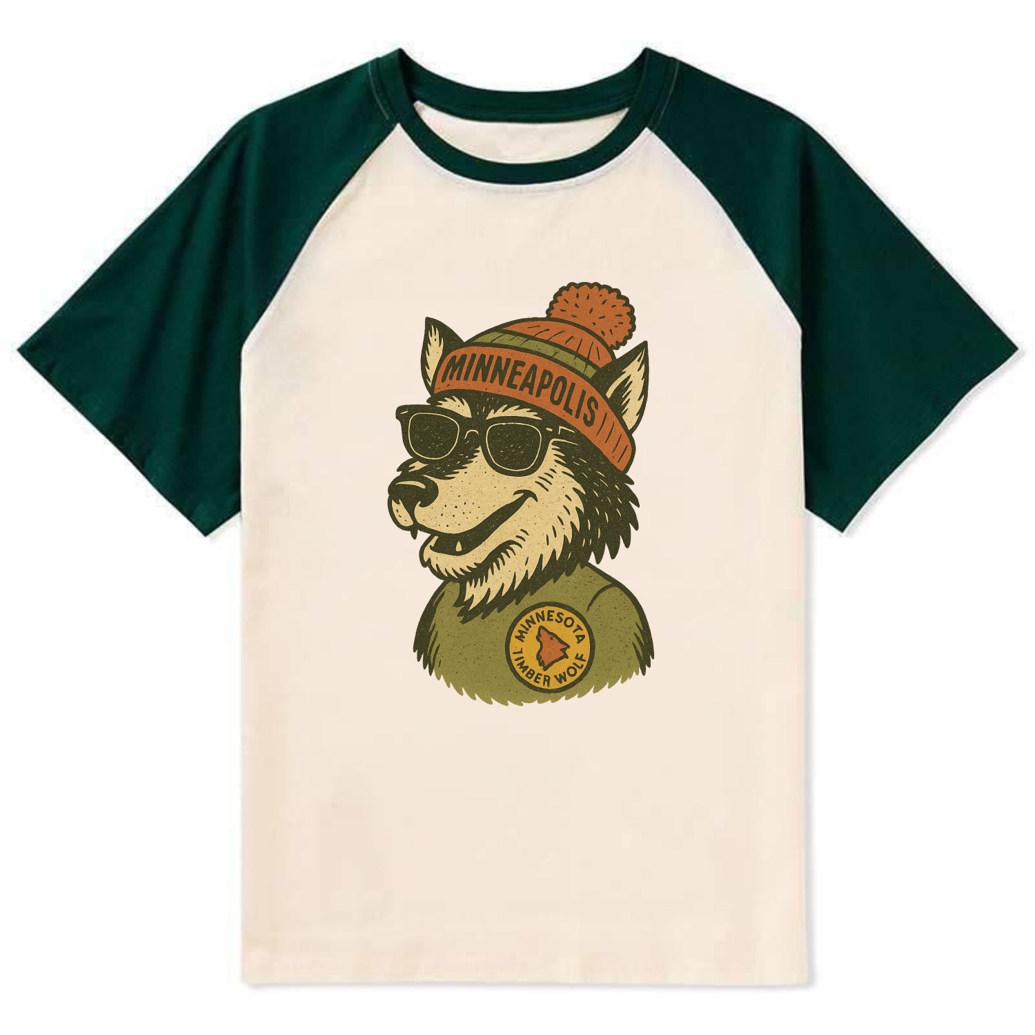 Minnesota Timber Wolf wearing Minneapolis beanie with pom pom and - Contrast Raglan T-shirt - Green