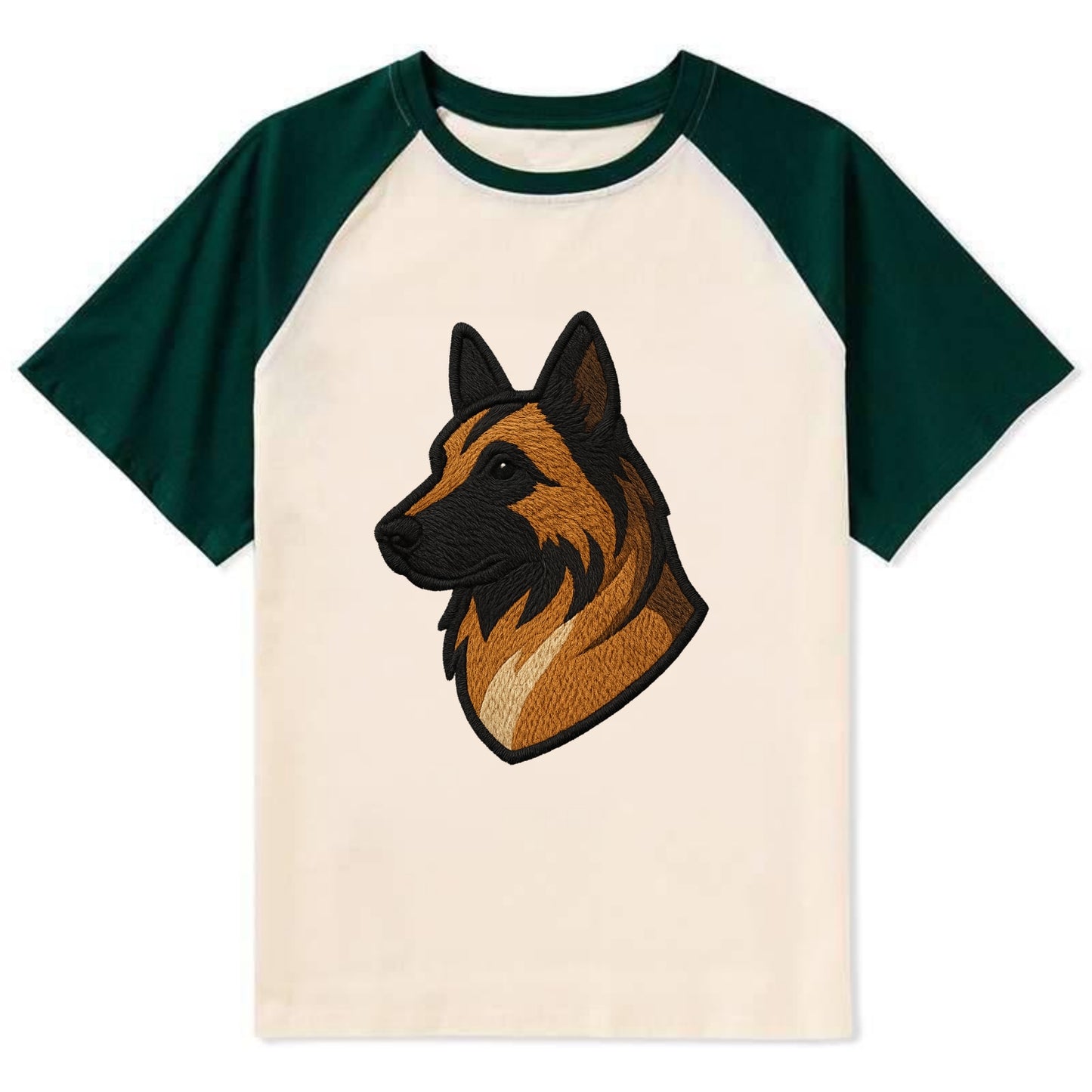 Belgian Tervuren - Fawn with black overlay embroidered design - Contrast Raglan T-shirt - Green