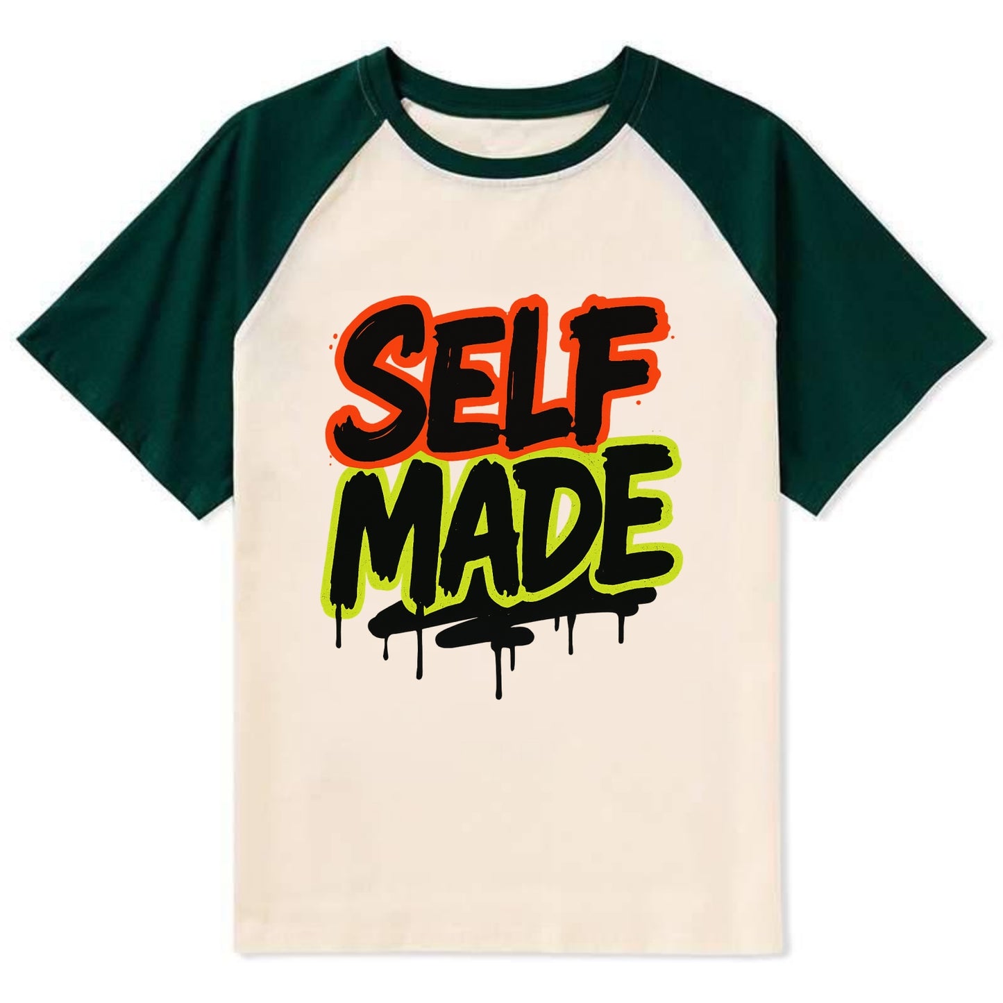 Bold typography design - "SELF MADE" - built from nothing, earned success - Contrast Raglan T-shirt - Green