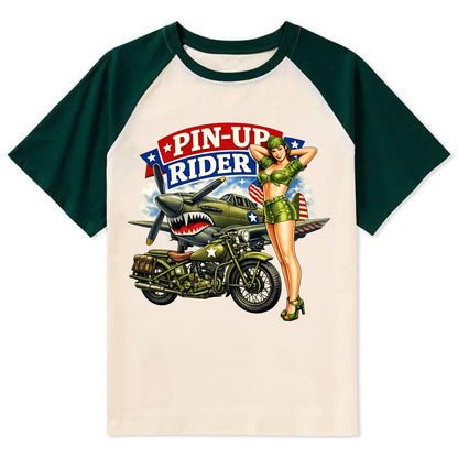 Wwii Pin Up Rider - Contrast Raglan T-shirt - Green