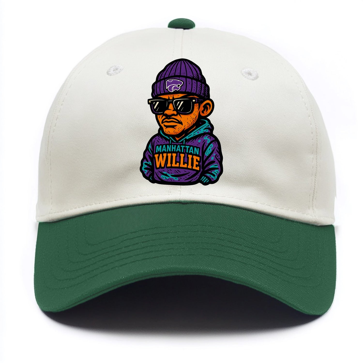 Manhattan Willie wearing Kansas State beanie with powercat patch - Two Tone Cap - Green