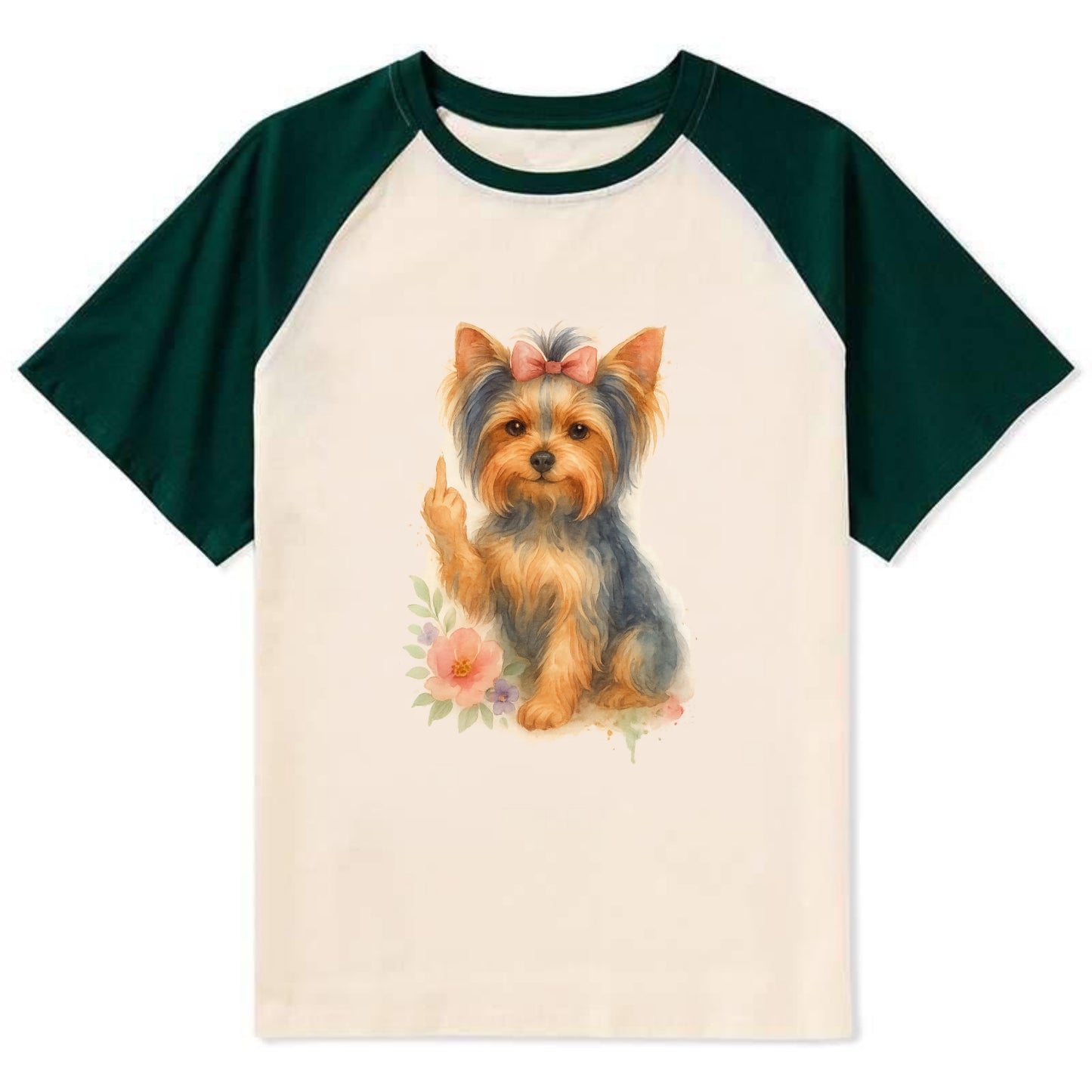 Yorkshire Terrier with topknot bow, one delicate paw flipping off - Contrast Raglan T-shirt - Green