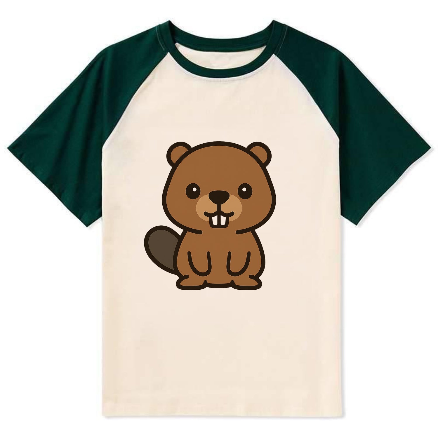 Baby Beaver - brown fur, paddle tail, buck teeth, friendly eyes, - Contrast Raglan T-shirt - Green