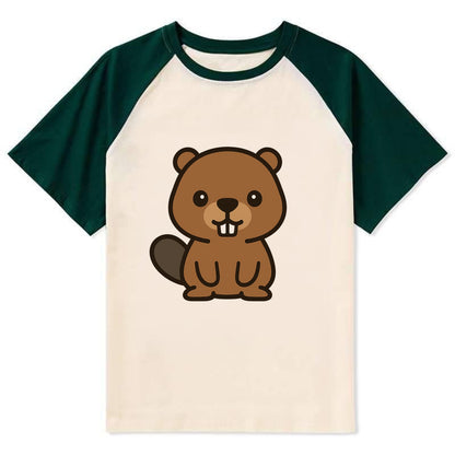 Baby Beaver - brown fur, paddle tail, buck teeth, friendly eyes, - Contrast Raglan T-shirt - Green