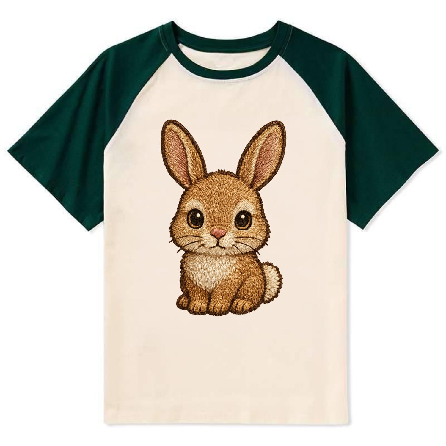 Baby Rabbit - long ears, fluffy white tail, pink nose, large brown eyes, - Contrast Raglan T-shirt - Green