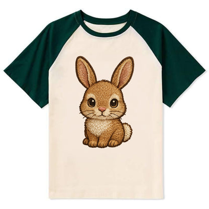 Baby Rabbit - long ears, fluffy white tail, pink nose, large brown eyes, - Contrast Raglan T-shirt - Green